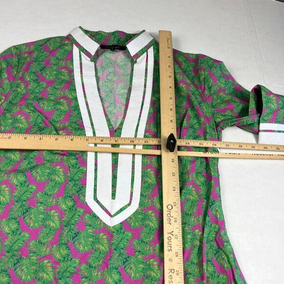 Lauren Gold Shift Dress 3/4 Sleeve Leaf Print V-Neck Preppy Resort Wear Size 2 - Picture 8 of 11